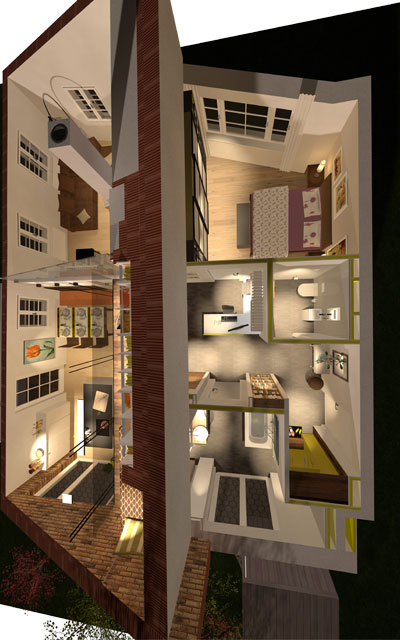 Abbildung: Visualisierung, 3D-Grundriss einer Altbauwohnung mit Galerie. Einrichtungsplanung & Design Einrichtungsberater.at
