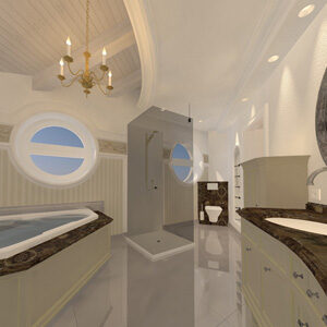 Abbildung: luxuriöses Badezimmer mit Eck-whirlbadewanne, Marmorboden, Stuckdeck, Wandmalereien und Freskobordüre